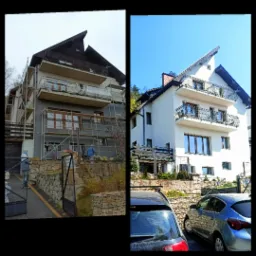 Porównanie budynku przed i po renowacji elewacji, widoczne rusztowania i pracownicy w trakcie prac wykończeniowych na lewej części zdjęcia, budynek po renowacji na prawej części zdjęcia.