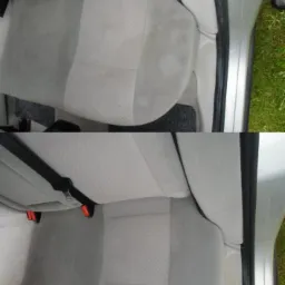 Porównanie tylnej kanapy samochodowej przed i po czyszczeniu, widoczne różnice w odcieniach szarości tapicerki, z logo firmy w prawym dolnym rogu.