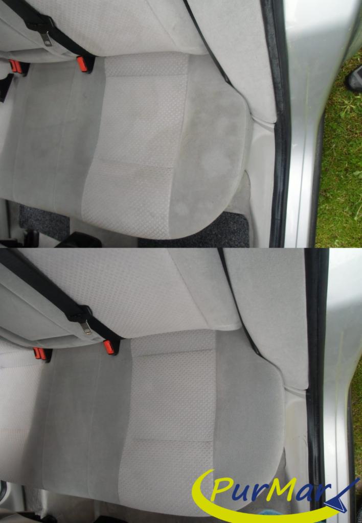 Porównanie tylnej kanapy samochodowej przed i po czyszczeniu, widoczne różnice w odcieniach szarości tapicerki, z logo firmy w prawym dolnym rogu.