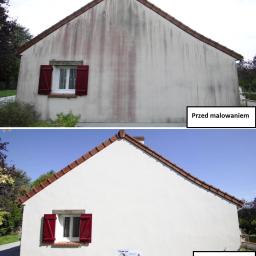 Remont-ownia - Dom jednorodzinny przed i po odświeżeniu elewacji, widoczne czerwone zacieki na ścianie przed malowaniem oraz czysta, biała fasada po renowacji, z czerwonymi okiennicami.