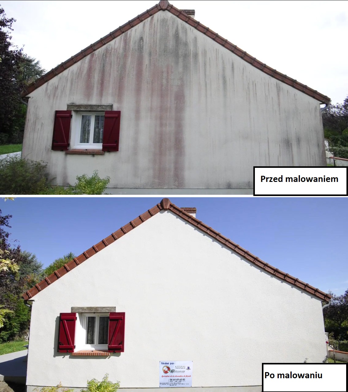 Dom jednorodzinny przed i po odświeżeniu elewacji, widoczne czerwone zacieki na ścianie przed malowaniem oraz czysta, biała fasada po renowacji, z czerwonymi okiennicami.