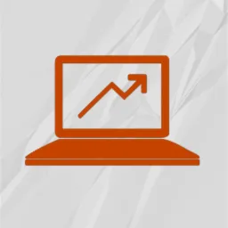 Pomarańczowa ikona laptopa z wykresem wzrostu na teksturowanym, białym tle.