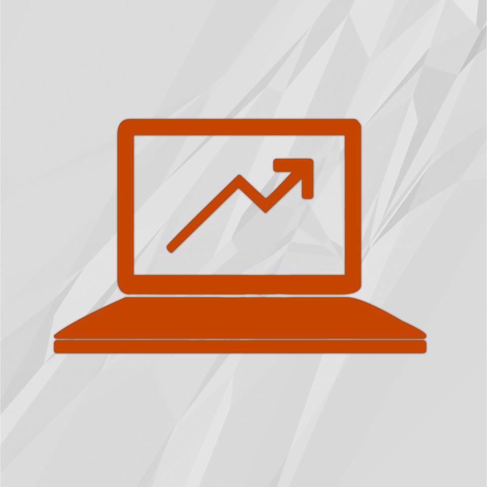 Pomarańczowa ikona laptopa z wykresem wzrostu na teksturowanym, białym tle.