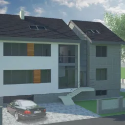 Wizualizacja dwukondygnacyjnego domu z płaskim dachem, szarą elewacją i dużymi oknami, z zaparkowanym samochodem osobowym na podjeździe.