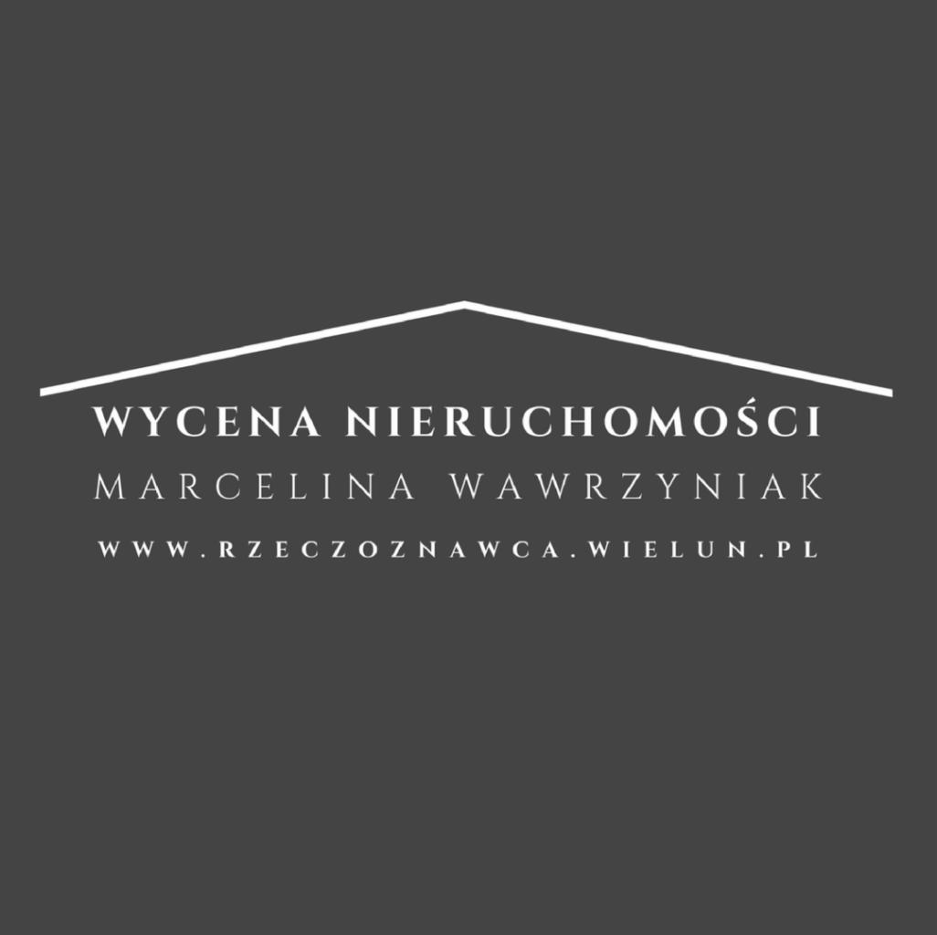 Logo firmy Marcelina Wawrzyniak, rzeczoznawca majątkowy z Wielunia, z napisem 'Wycena Nieruchomości' i graficznym symbolem dachu.