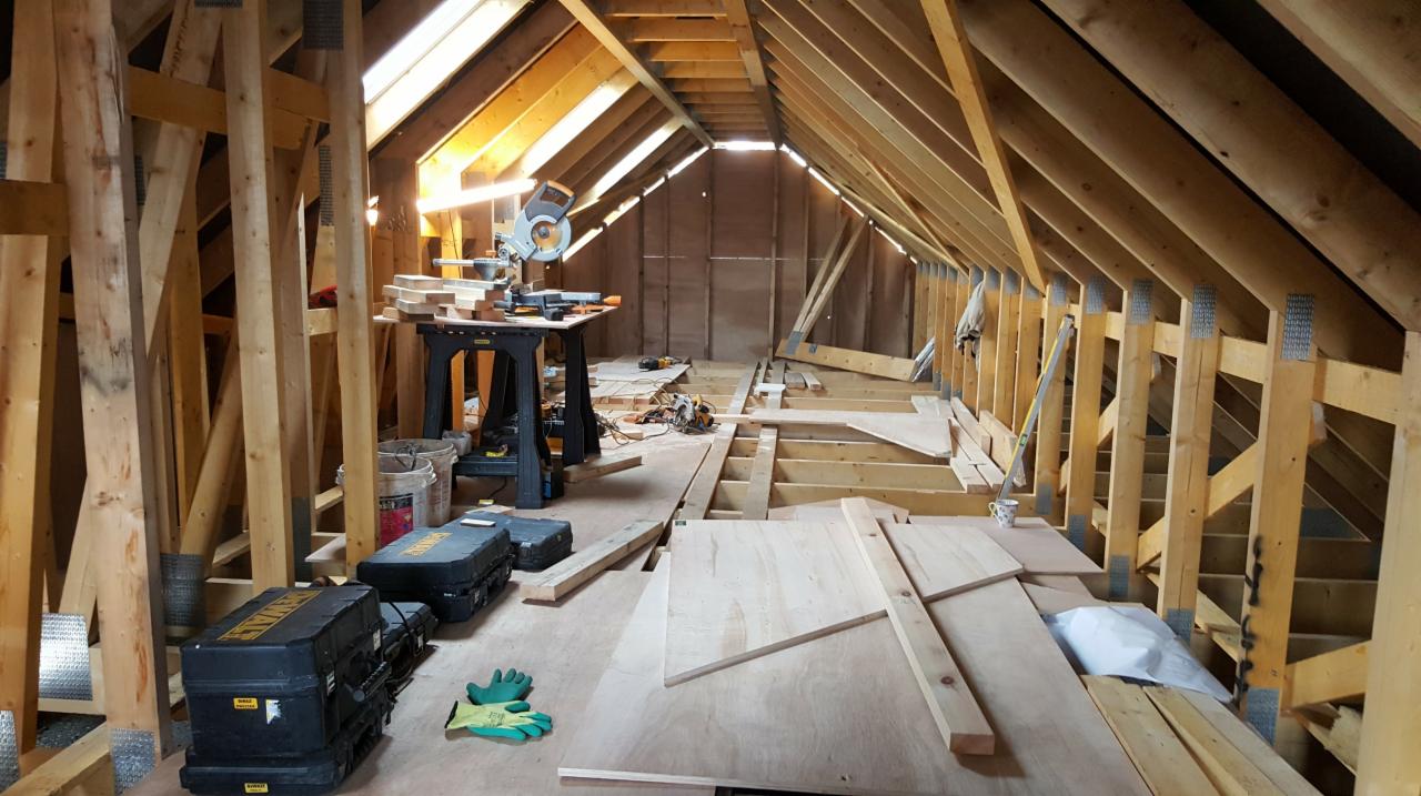 Adaptacja poddasza: drewniana konstrukcja szkieletowa, płyty OSB, narzędzia, piła ukośnica na stole roboczym, skrzynki narzędziowe i robocze rękawice, widoczne elementy izolacji.