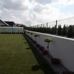 Nowoczesny ogród z równo przystrzyżonym trawnikiem, białym murem oporowym, ozdobnymi drzewkami na pniu i rabatą z czerwonymi kwiatami, w tle siatka ogrodzeniowa i zielone tuje.