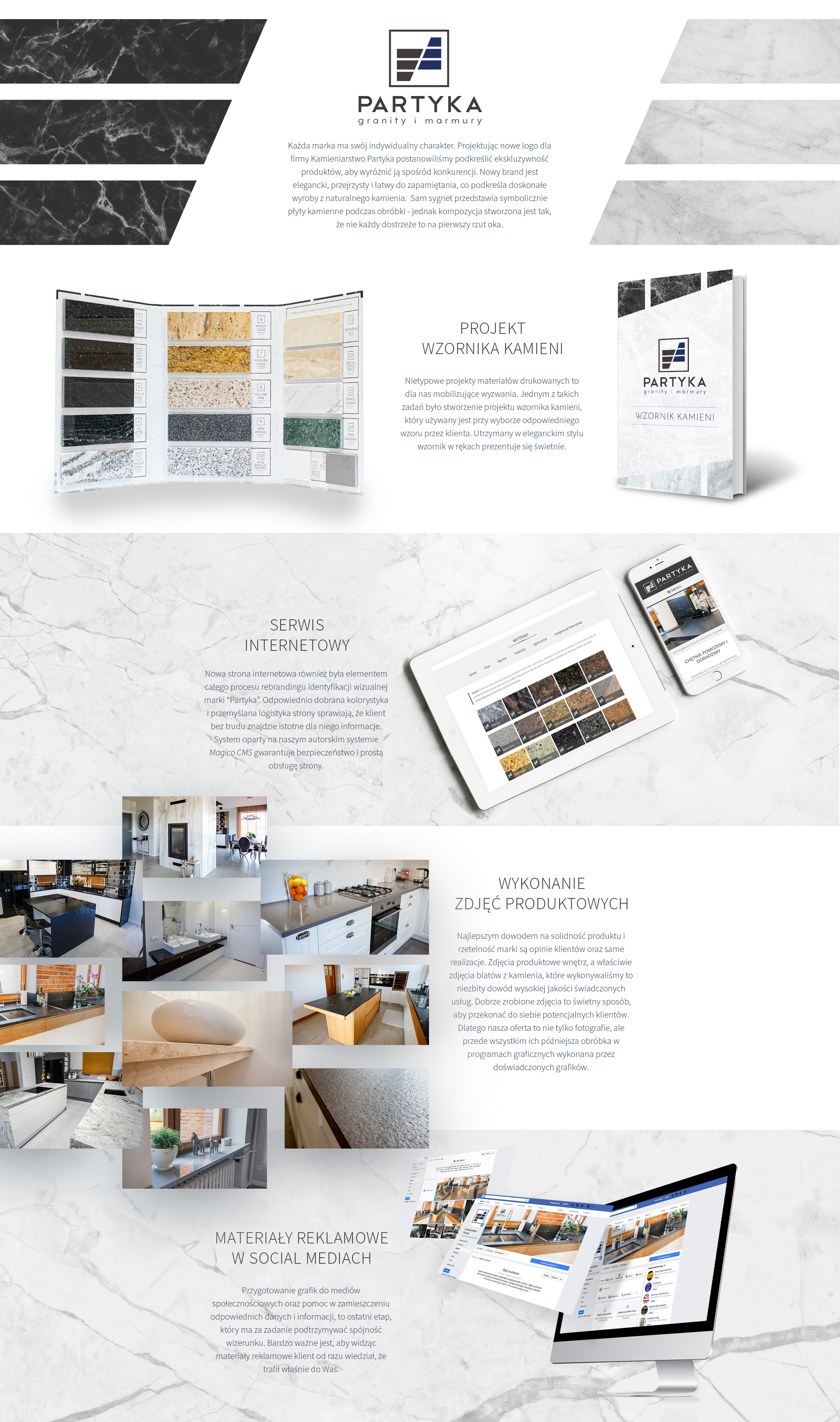 Materiały reklamowe firmy kamieniarskiej Partyka: logo, wzornik kamieni, strona internetowa na tablecie i smartfonie, zdjęcia realizacji wnętrz z kamienia, wizualizacje w social mediach.
