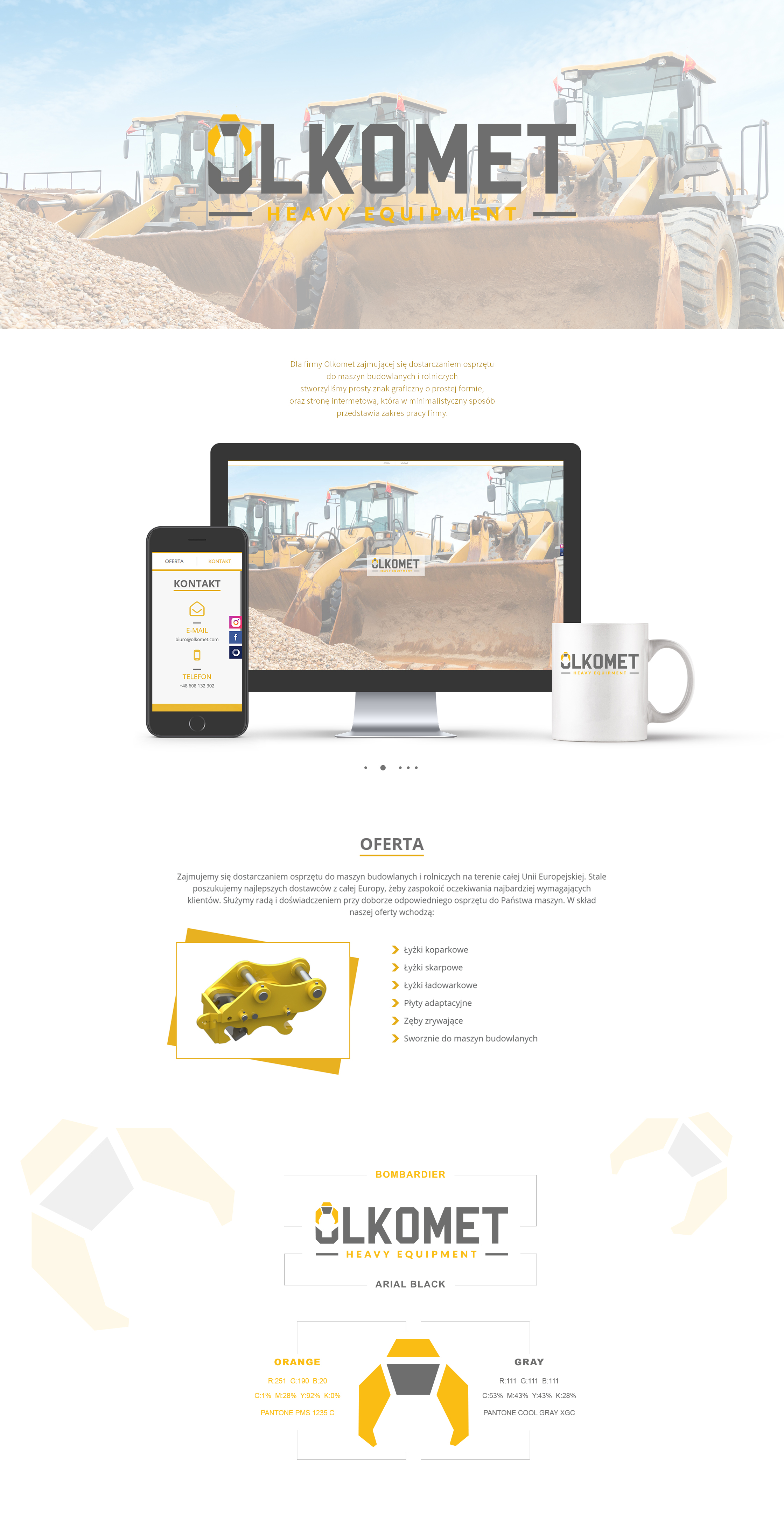 Prezentacja wizualna marki: logo na tle maszyn budowlanych, strona kontaktowa na smartfonie, monitor z widokiem strony internetowej firmy i kubek z logo, podkreślające spójność wizerunku.