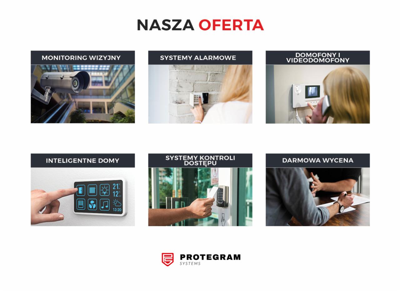 Kompozycja zdjęć prezentująca ofertę firmy: monitoring wizyjny, systemy alarmowe, wideodomofony, inteligentne domy, systemy kontroli dostępu oraz darmową wycenę, uzupełniona logotypem firmy...