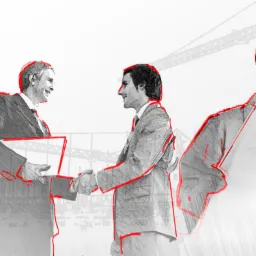 Stylizowana grafika przedstawiająca grupę osób w strojach biznesowych i ochronnych na tle budowy, sugerująca współpracę i nadzór nad projektem.