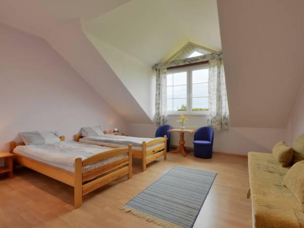 Pokój na poddaszu z dwoma drewnianymi łóżkami, niebieskimi krzesłami przy oknie i dywanikiem w paski na drewnianej podłodze.