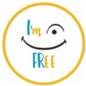 Okrągłe logo z napisem 'I'm FREE' stylizowane na uśmiechniętą twarz, z żółtą obwódką.