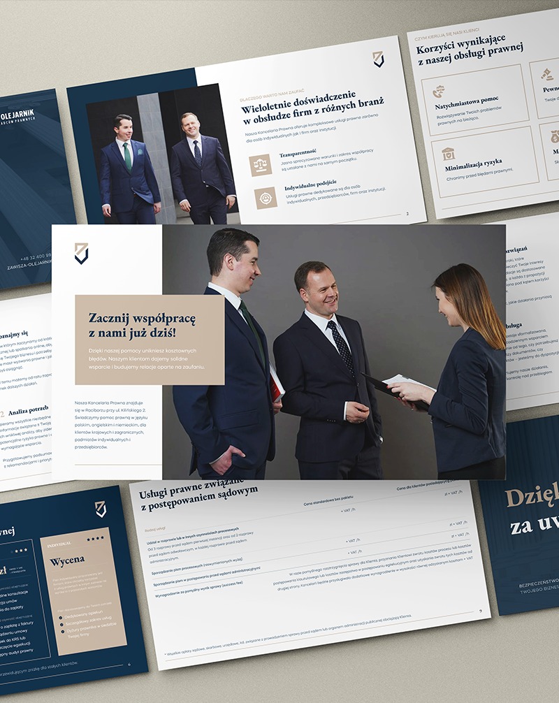 Materiały firmowe kancelarii prawnej: broszury i ulotki z wizerunkiem prawników, logo i informacjami o usługach. Stonowana kolorystyka, profesjonalny wygląd.