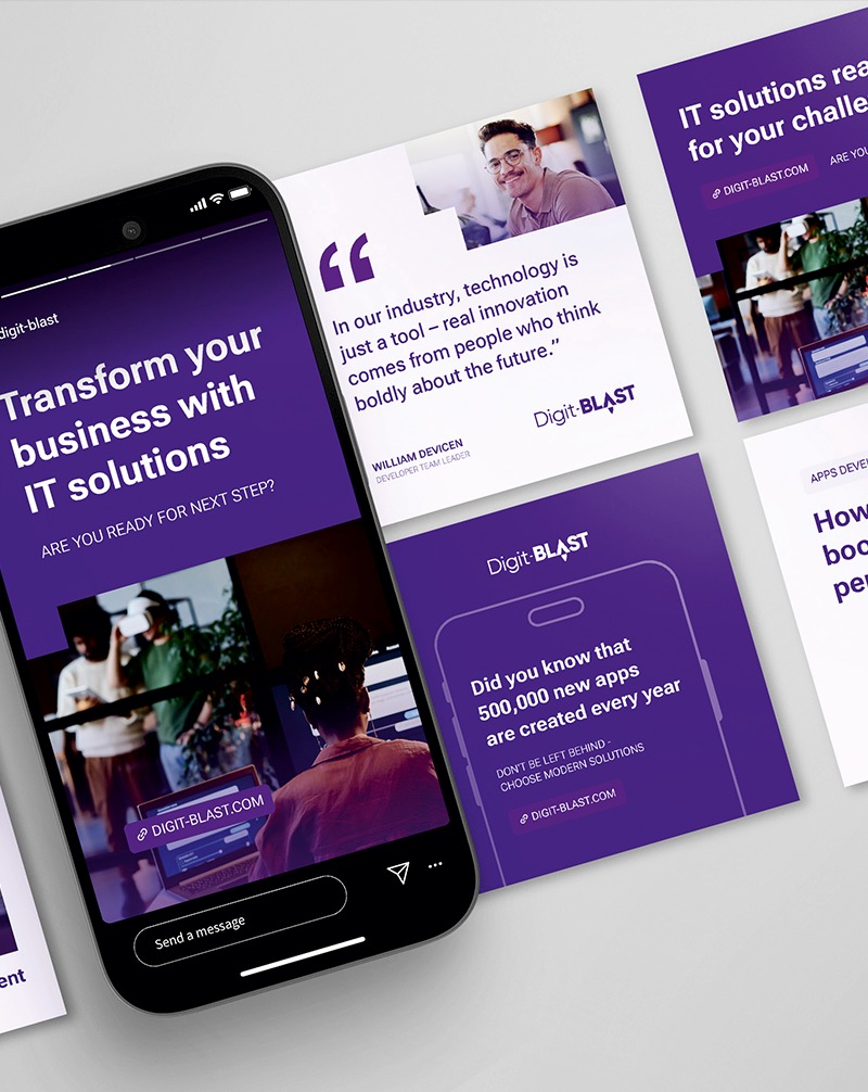 Prezentacja IT rozwiązań na smartfonie i kartach. Fioletowa kolorystyka, nowoczesny design. Widoczne logo firmy Digit-Blast. Układ graficzny promuje innowacyjne podejście.