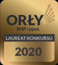 Złota statuetka 'Orły BHP i ppoż. LAUREAT KONKURSU 2020' z symbolem stylizowanych piór.