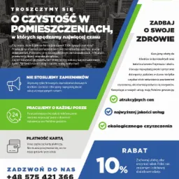 Ulotka reklamowa firmy Lifepure oferującej usługi czyszczenia, z hasłami o czystości w pomieszczeniach, dbałości o zdrowie i rabacie 10%, na tle panoramy miasta.