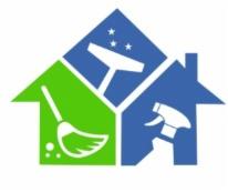 Grafika wektorowa prezentująca logo firmy sprzątającej: wizerunek domu podzielony na trzy sekcje, w których umieszczono ikonę mopa (zielona sekcja), ściągaczki do okien (biała sekcja) oraz butelki...