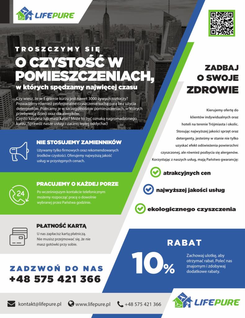 Ulotka reklamowa firmy Lifepure oferującej usługi czyszczenia, z hasłami o czystości w pomieszczeniach, dbałości o zdrowie i rabacie 10%, na tle panoramy miasta.