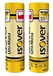 Dwie rolki izolacji termicznej Uni-Mata marki ISOVER, w żółtym opakowaniu, widoczne logo producenta i oznaczenia produktu.