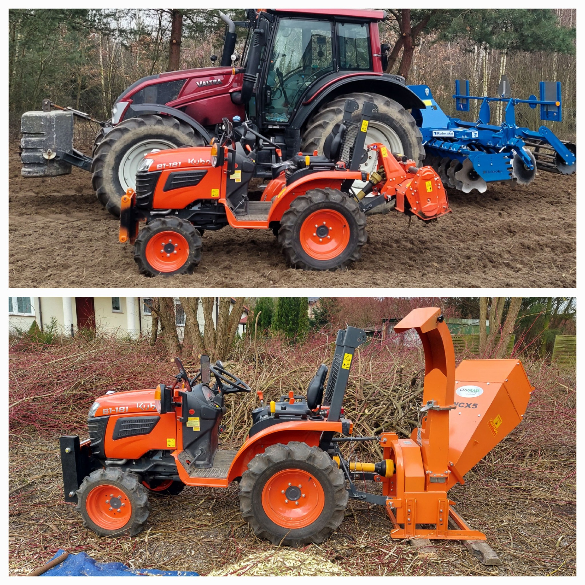 Dwa traktory: czerwony Valtra z osprzętem do uprawy gleby i pomarańczowy Kubota B1-181 z frezem glebogryzarkowym i rozdrabniaczem gałęzi Geograss YCX5, na tle drzew i domu.