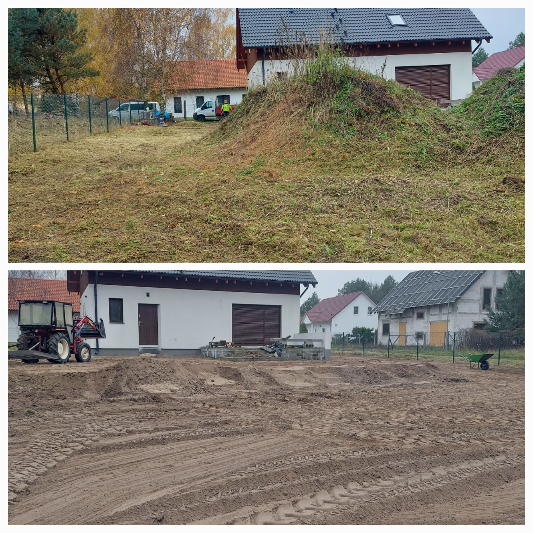 Dwa ujęcia tego samego terenu przed i po wyrównaniu ziemi, widoczny traktor z przodu działki i budynek w tle.