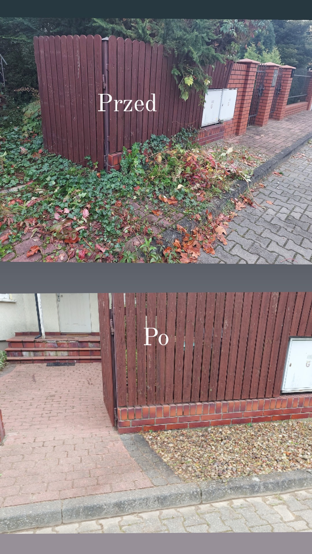 Porównanie stanu przed i po: usunięte chwasty i liście spod drewnianego ogrodzenia z ceglaną podmurówką, odsłonięty chodnik z kostki.