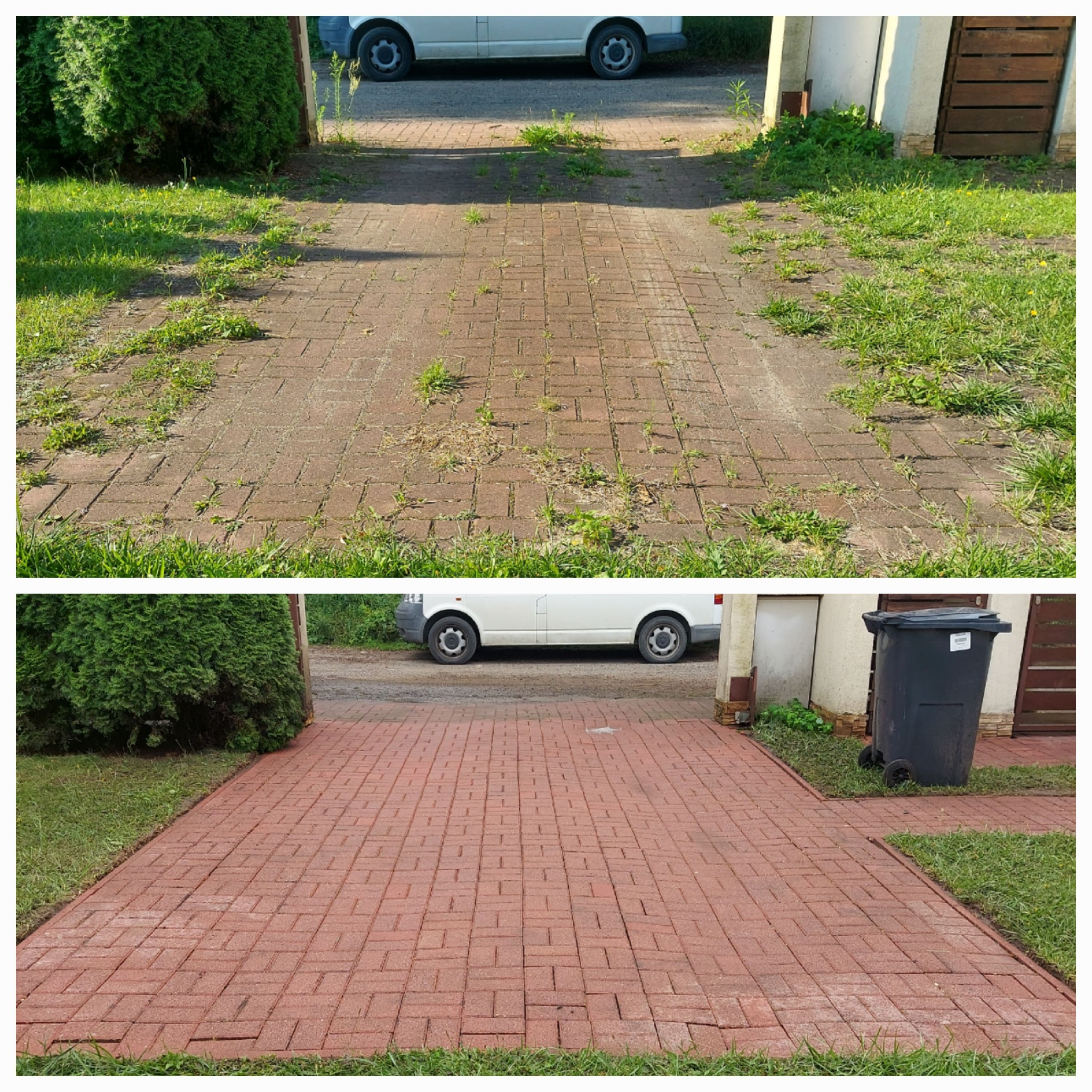 Porównanie stanu nawierzchni z kostki brukowej przed i po czyszczeniu, widoczne usunięte chwasty i mech, odświeżony kolor kostki, zieleń trawnika wzdłuż krawędzi.