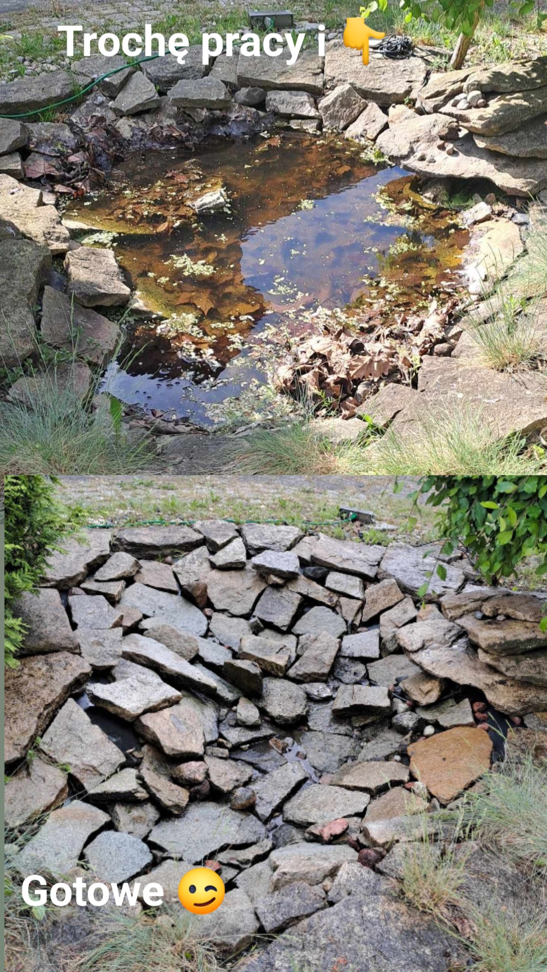 Dwa ujęcia: górne przedstawia zanieczyszczony, kamienny staw ogrodowy przed czyszczeniem, z widocznymi glonami i zanieczyszczeniami w wodzie; dolne pokazuje ten sam staw po czyszczeniu i ułożeniu...