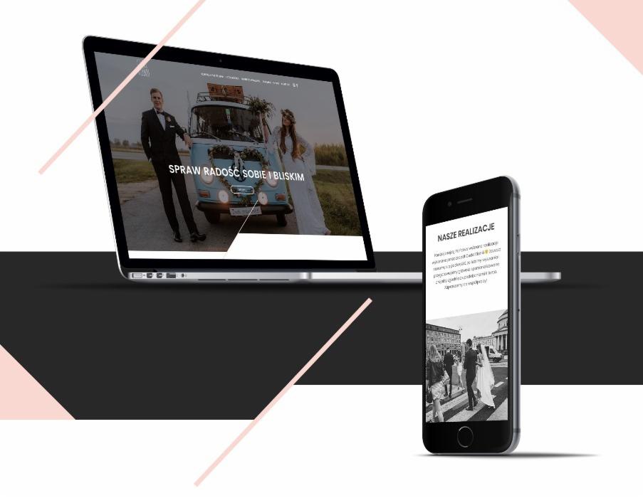 Ekran laptopa i smartfona prezentujące responsywną witrynę ślubną z parą młodą i busem Volkswagena na tle, hasło 'Spraw radość sobie i bliskim' na stronie.