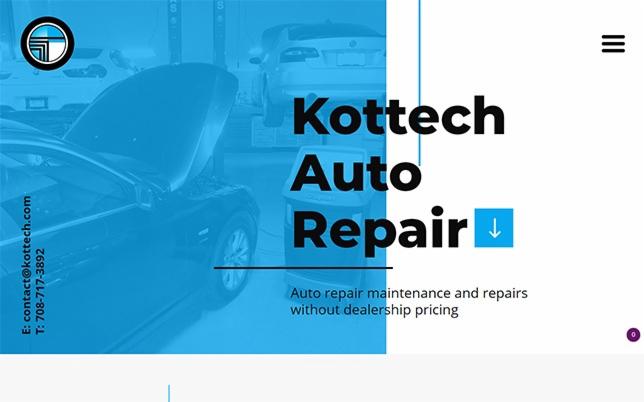 Layout strony internetowej firmy Kottech Auto Repair z samochodem z otwartą maską w tle, oferującej usługi naprawy i konserwacji pojazdów.