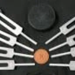 Zestaw srebrnych kamertonów ułożonych wachlarzowo wokół dwóch drewnianych i jednego czarnego okrągłego elementu na beżowym tle.