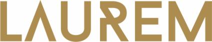 Złote litery tworzące słowo LAUREM na białym tle, logo firmy.