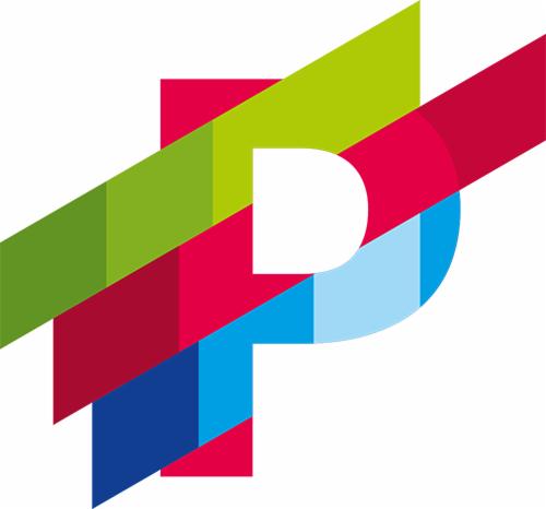 Abstrakcyjne logo w kształcie litery P, złożone z kolorowych, nachodzących na siebie pasków w odcieniach zieleni, czerwieni i niebieskiego.