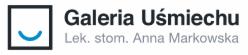 Logo kliniki stomatologicznej 'Galeria Uśmiechu' z niebieskim symbolem uśmiechu w kwadracie, obok nazwa i dane lekarza stomatologa Anny Markowskiej.