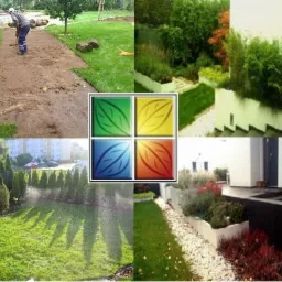 Mozaika zdjęć przedstawiająca różne etapy i aspekty zagospodarowania terenu: układanie trawy z rolki, nawadnianie trawnika, aranżacja roślin wzdłuż schodów oraz logo firmy z motywem liści.