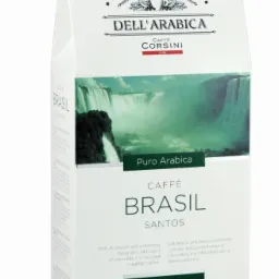 Opakowanie kawy mielonej Single Origin Ground Coffee Caffe Brasil Santos marki Compagnia Dell'Arabica z grafiką wodospadu w tle.