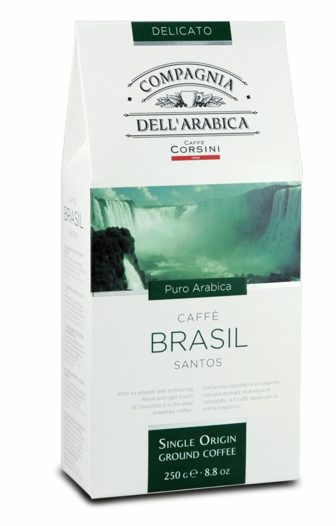Opakowanie kawy mielonej Single Origin Ground Coffee Caffe Brasil Santos marki Compagnia Dell'Arabica z grafiką wodospadu w tle.