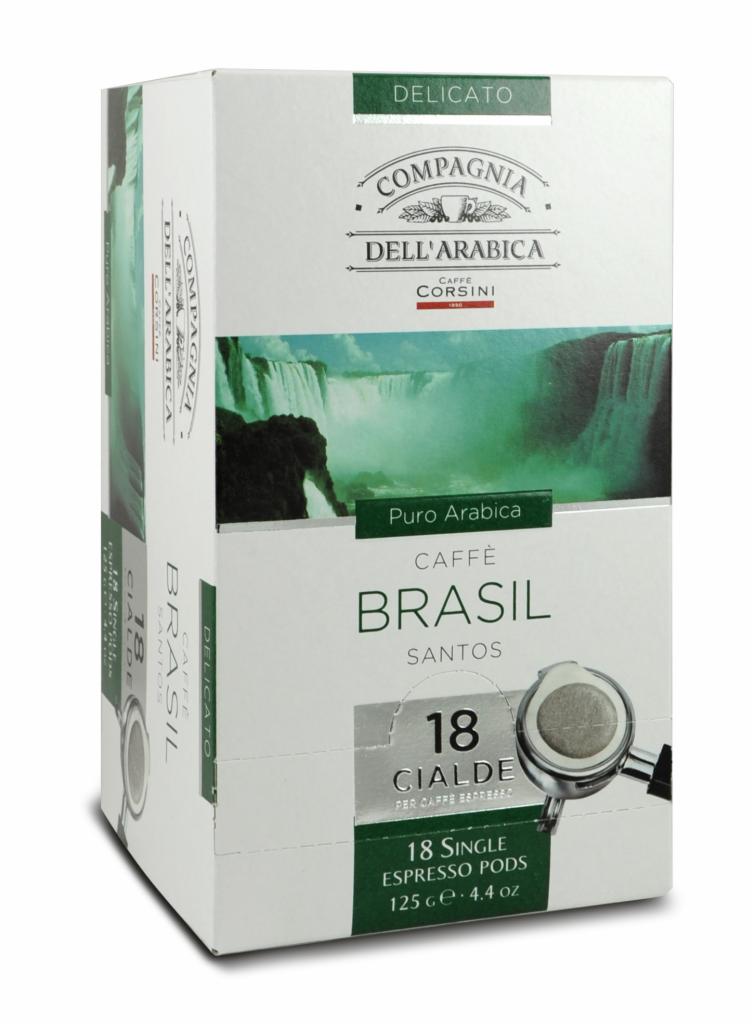 Pudełko kawy w kapsułkach Caffe Brasil Santos, z motywem wodospadu i informacją o 18 pojedynczych porcjach espresso.