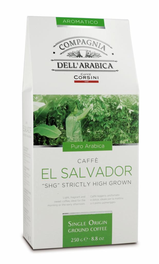 Opakowanie kawy mielonej Compagnia Dell'Arabica Caffe Corsini El Salvador SHG Strictly High Grown, z ilustracją osoby zbierającej ziarna kawy na plantacji.