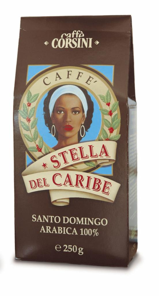 Opakowanie kawy Caffe Corsini Stella del Caribe Santo Domingo Arabica 100% w brązowym kartoniku z ilustracją kobiety i napisem.