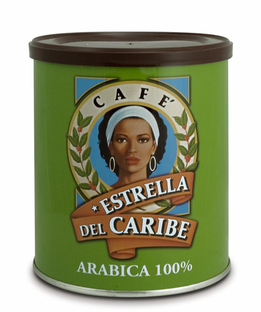 Puszka zielonej kawy Arabica 100% Estrella del Caribe z ilustracją kobiety w stylu retro.