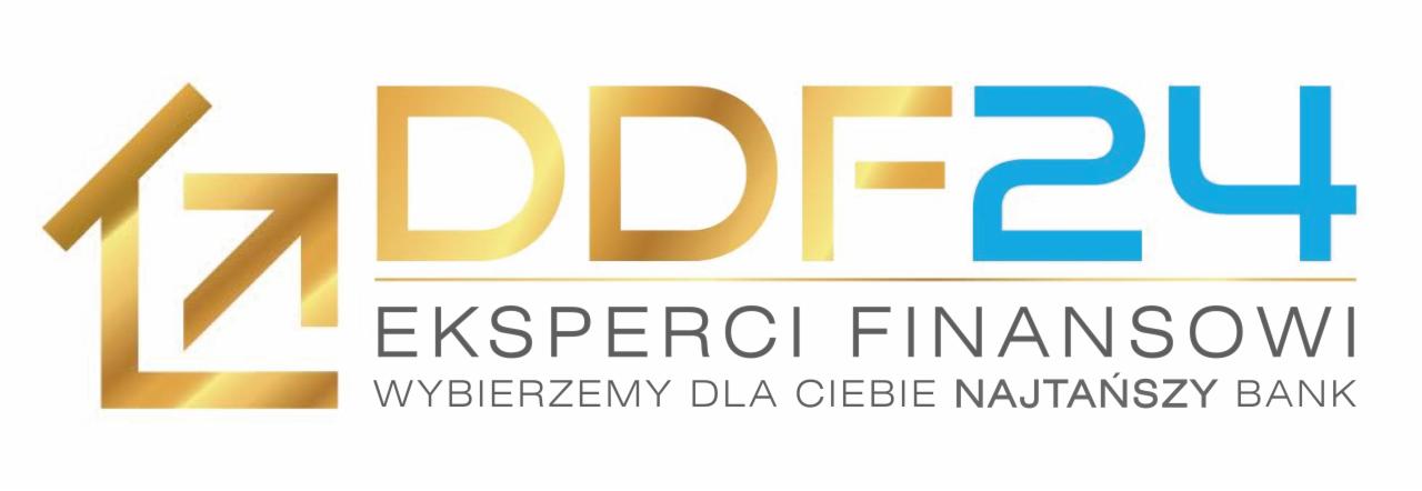 Logo firmy DDF24 z Zielonej Góry, eksperci finansowi, złoty symbol domu i niebieski napis, hasło: Wybierzemy dla Ciebie najtańszy bank.