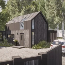 Nowoczesny dom z ciemnego drewna z ogrodem, widok zza bramy, biały samochód zaparkowany na żwirowym podjeździe, drzewa iglaste w tle.