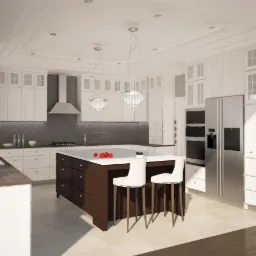 Wizualizacja przestronnej kuchni z wyspą, białymi szafkami, szarymi płytkami na ścianie i dwoma kryształowymi żyrandolami.