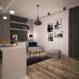 Wizualizacja salonu z aneksem kuchennym, drewniana podłoga, szare zasłony, białe ściany z czarno-białymi fotografiami, minimalistyczne meble i oświetlenie.