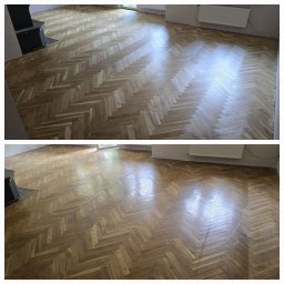 Sebastian Menclewicz - Porównanie parkietu ułożonego w jodełkę przed i po renowacji, widoczne różnice w kolorze i połysku drewna.