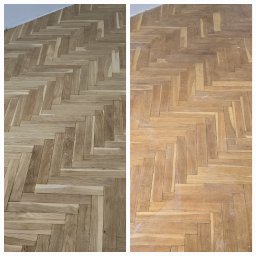 Sebastian Menclewicz - Porównanie parkietu ułożonego w jodełkę przed i po cyklinowaniu: po lewej stronie odnowiona, jasna powierzchnia, po prawej stronie stara, zarysowana i zabrudzona.