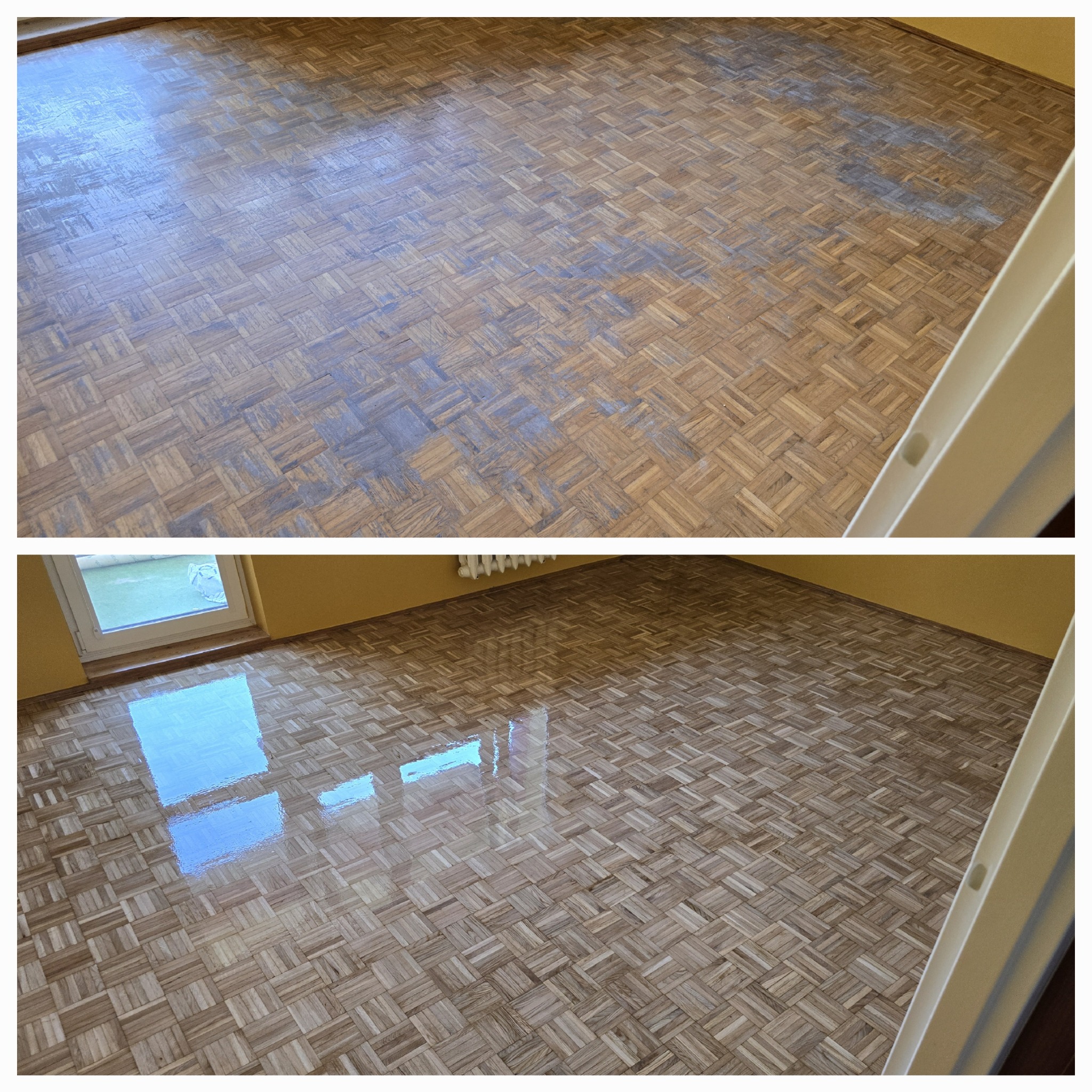 Porównanie podłogi parkietowej przed i po renowacji: matowa, zużyta powierzchnia kontra lśniąca, odnowiona podłoga z wyraźnym odbiciem światła z okna.