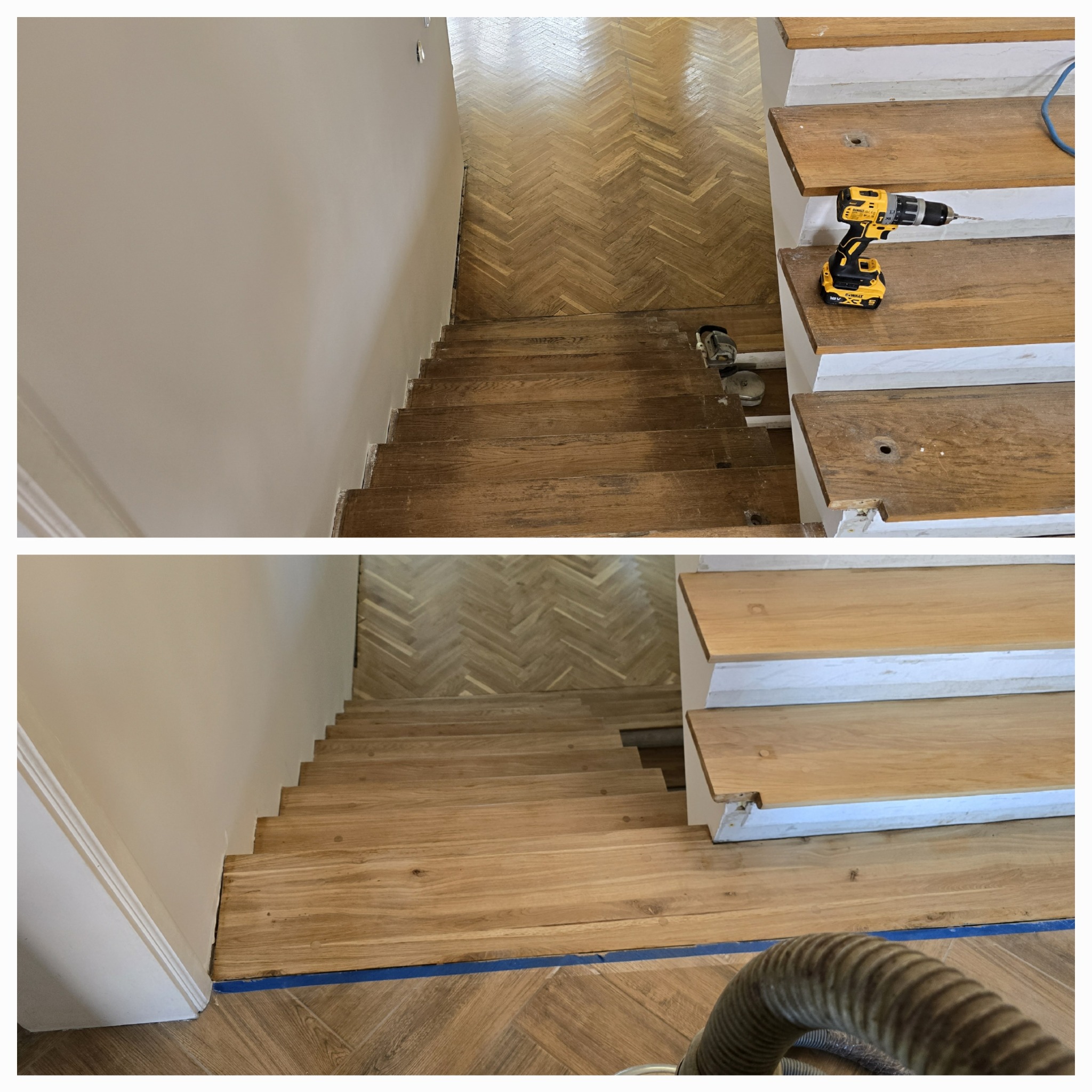 Schody drewniane w trakcie renowacji: górna część schodów przed, dolna po obróbce, widoczne narzędzia i parkiet w jodełkę.